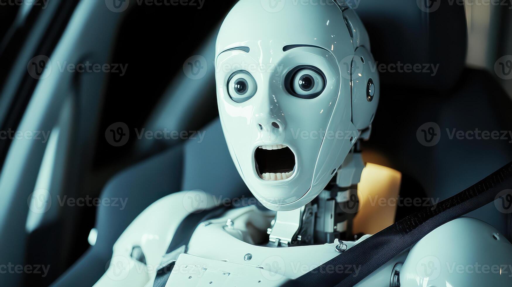 A robot is sitting in the driver's seat of a car photo