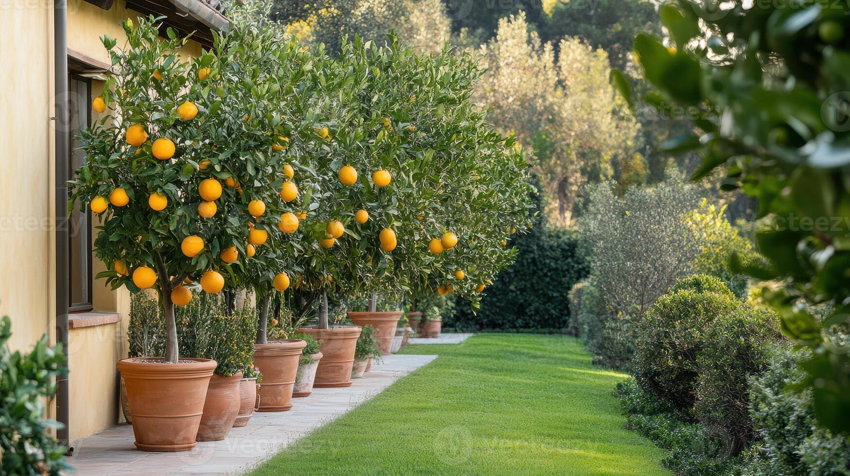 Citrus trees in pots on the side of a house photo