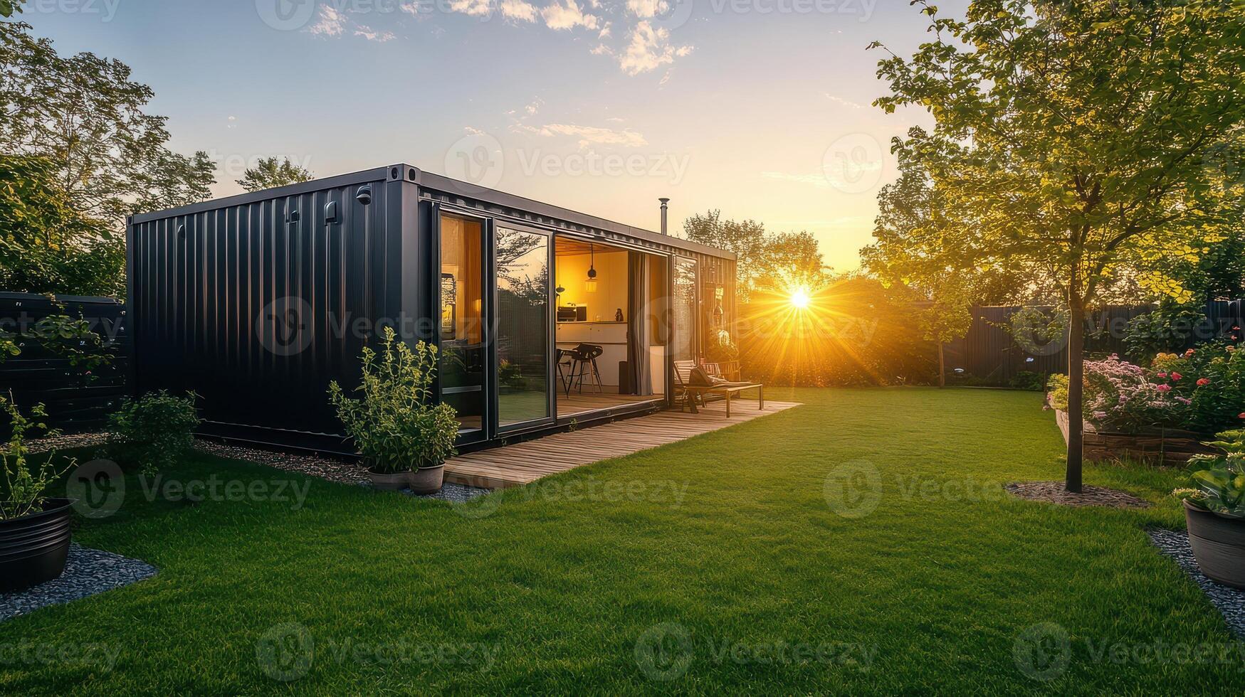 A container house in the backyard at sunset photo