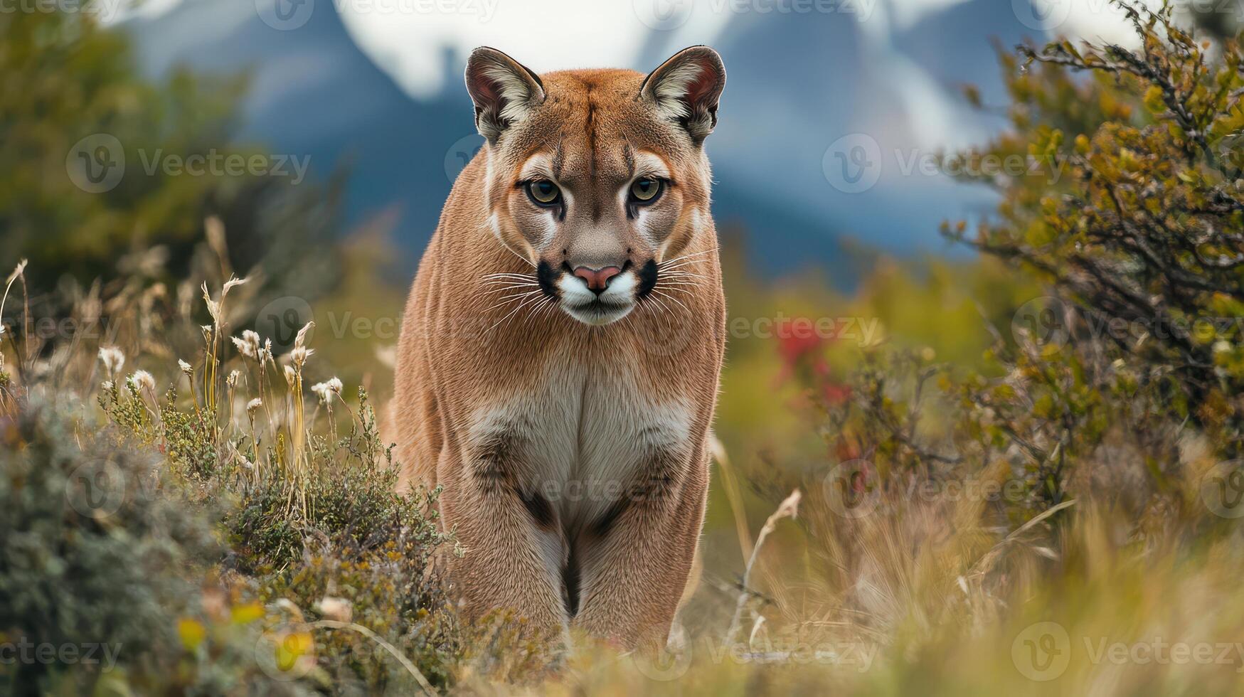 A mountain lion is walking through the grass photo