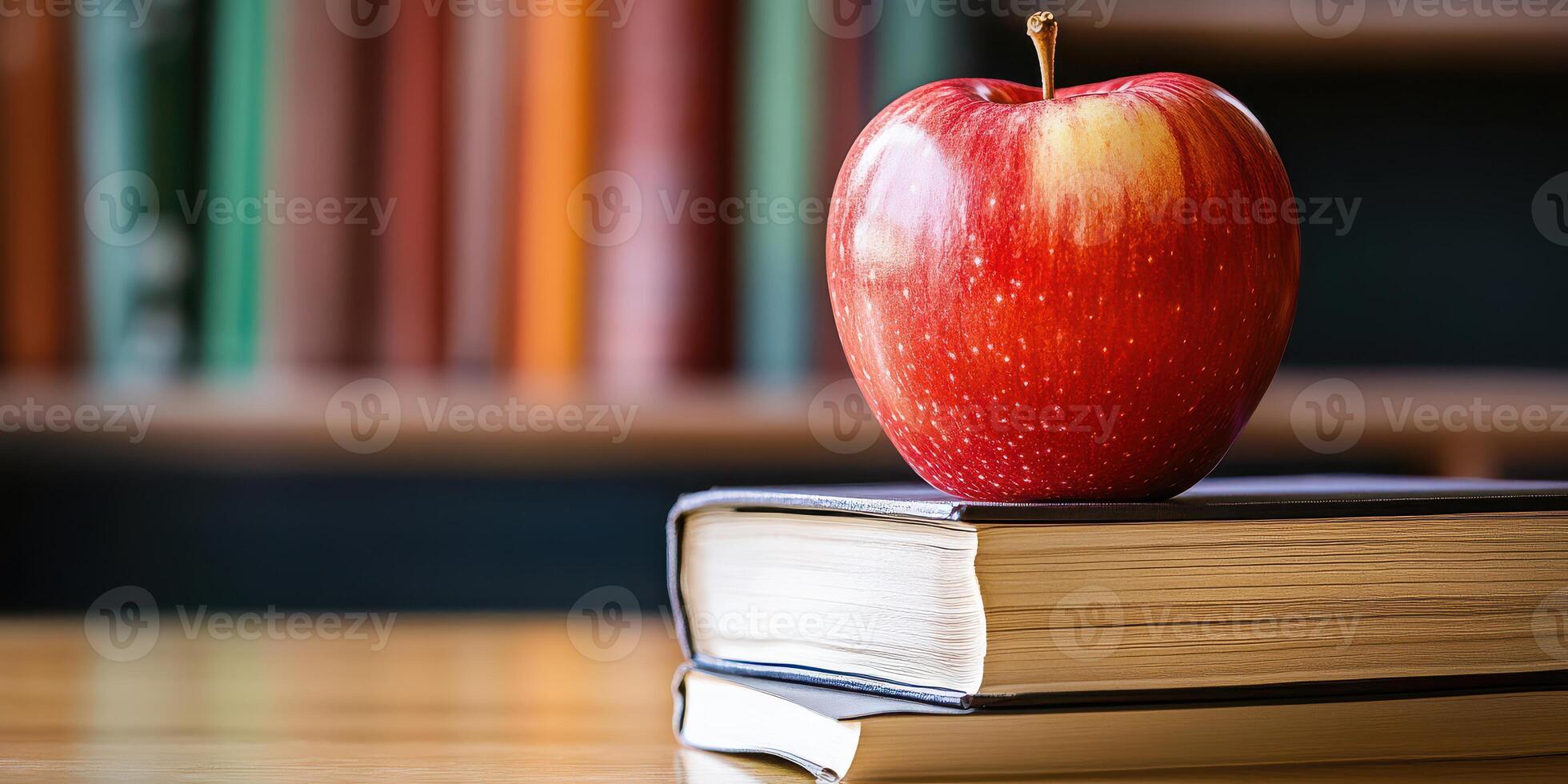 An apple sits on top of a stack of books photo