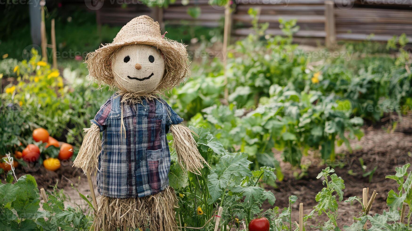 A scarecrow stands in a garden with vegetables photo