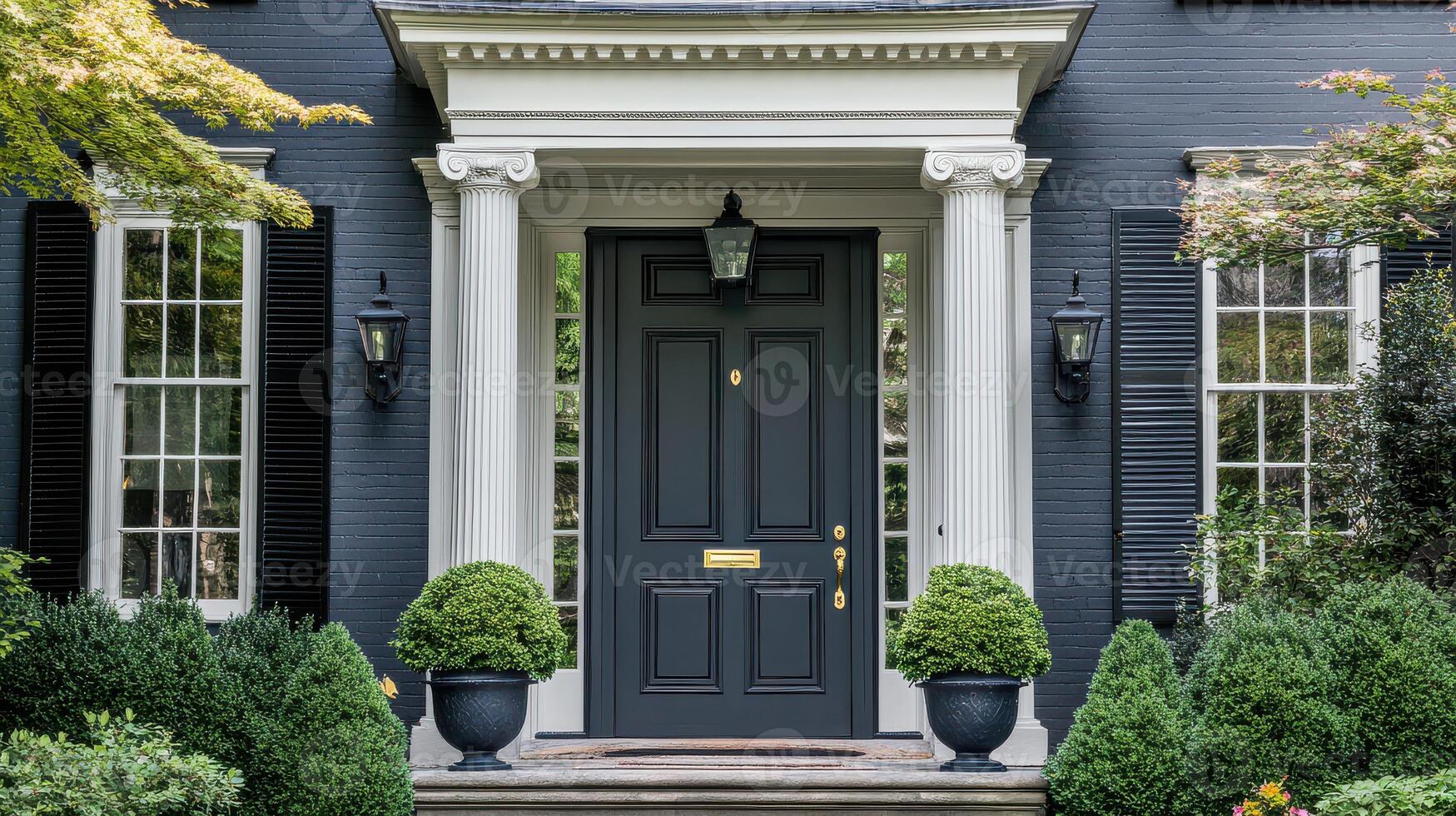 A black front door with white trim and black shutters photo