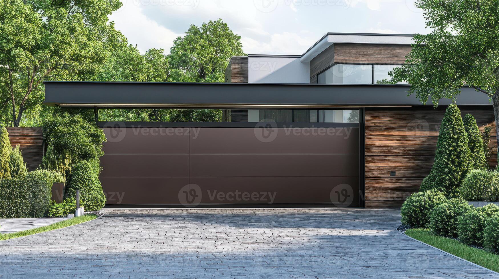 A modern home with a large garage door photo