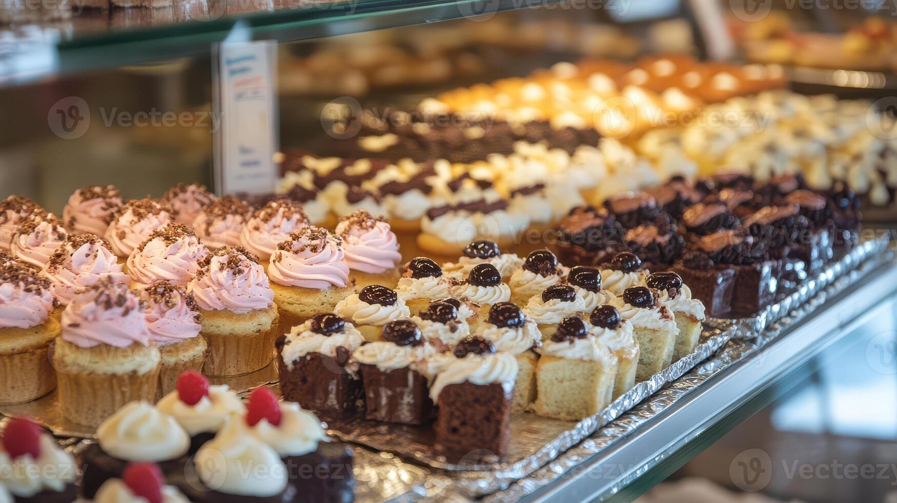 Many different types of cakes are displayed in a glass case photo
