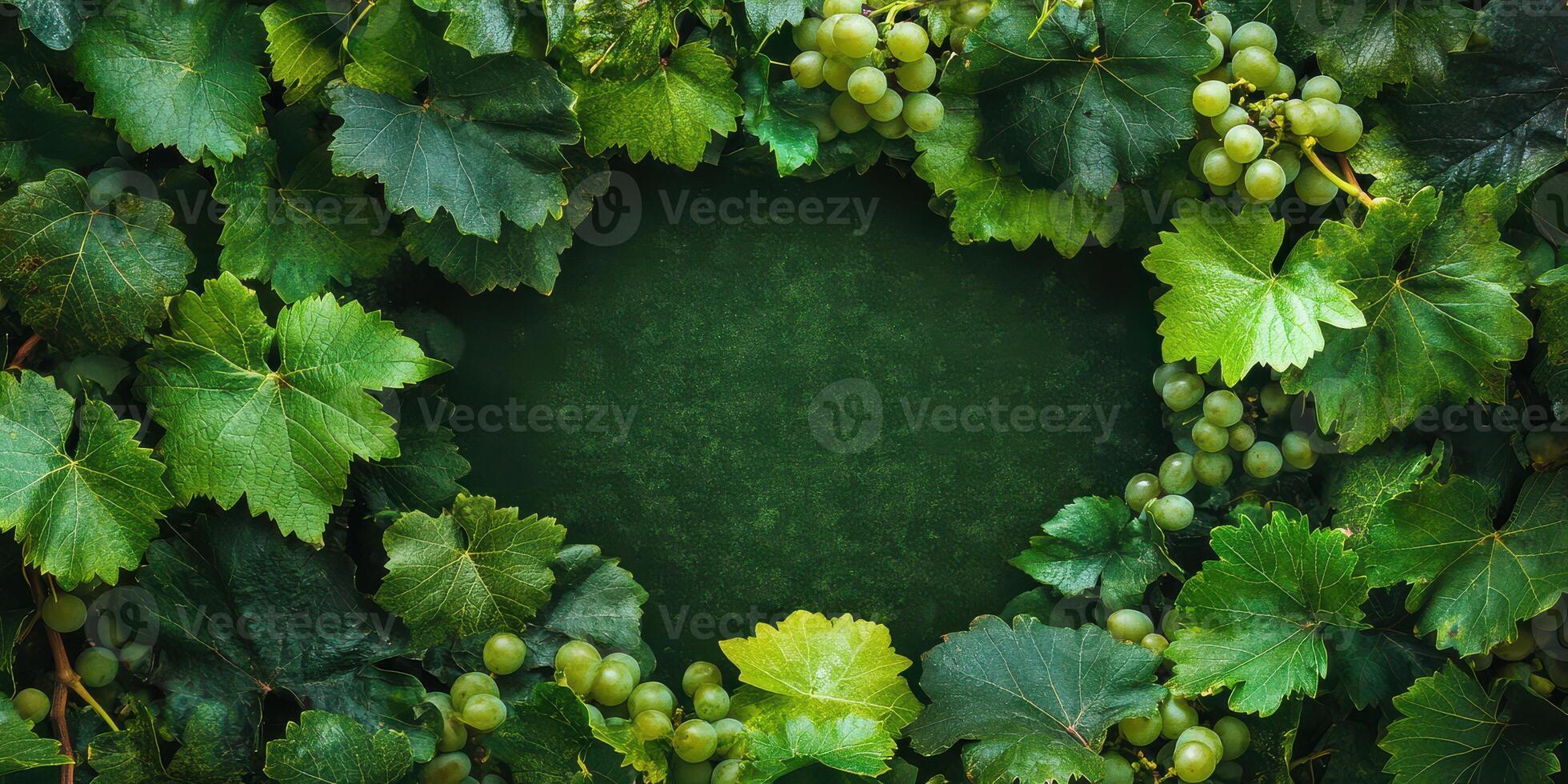 Grapes on green leaves background with copy space photo
