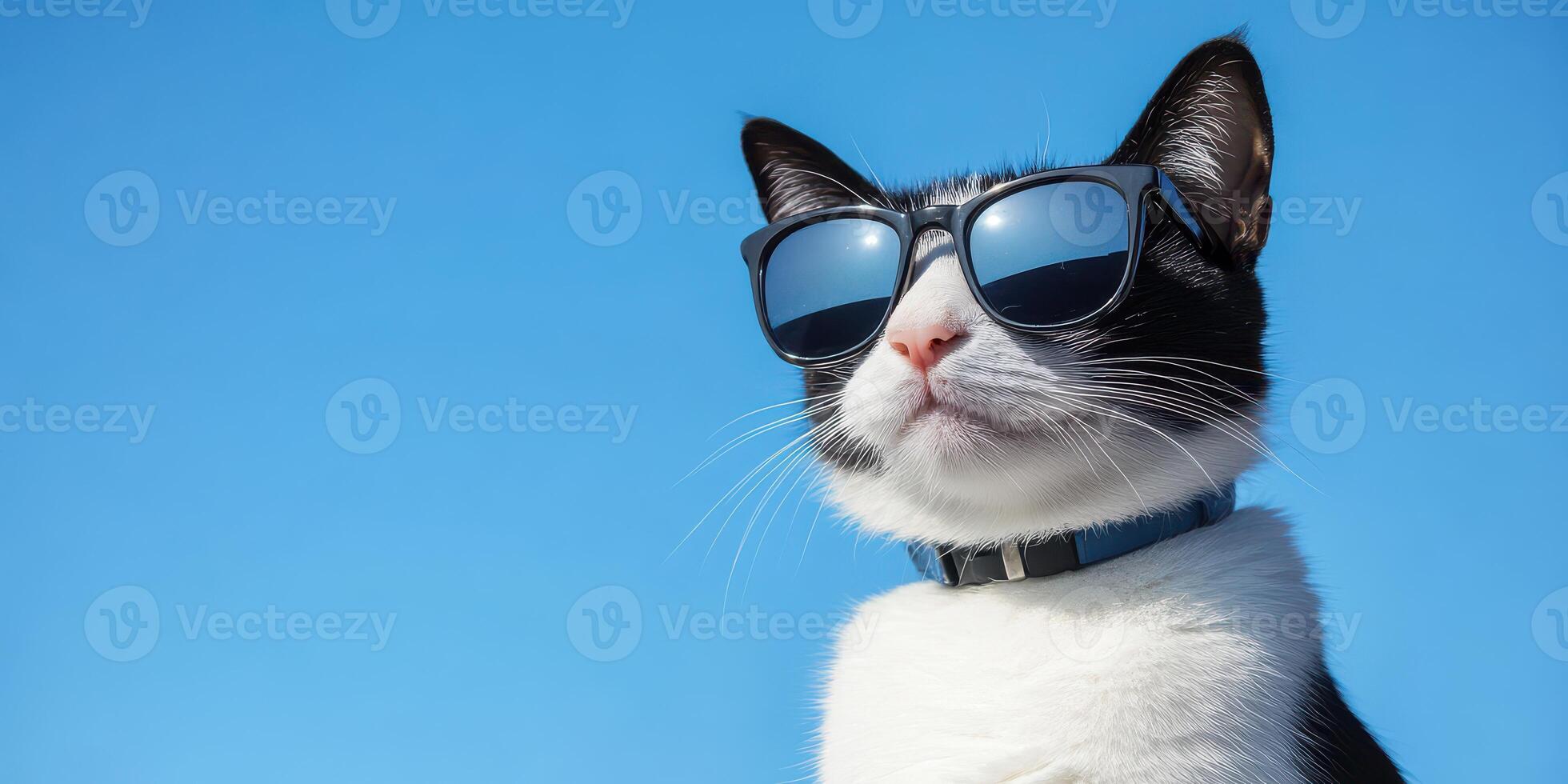 A cat wearing sunglasses against a blue sky photo