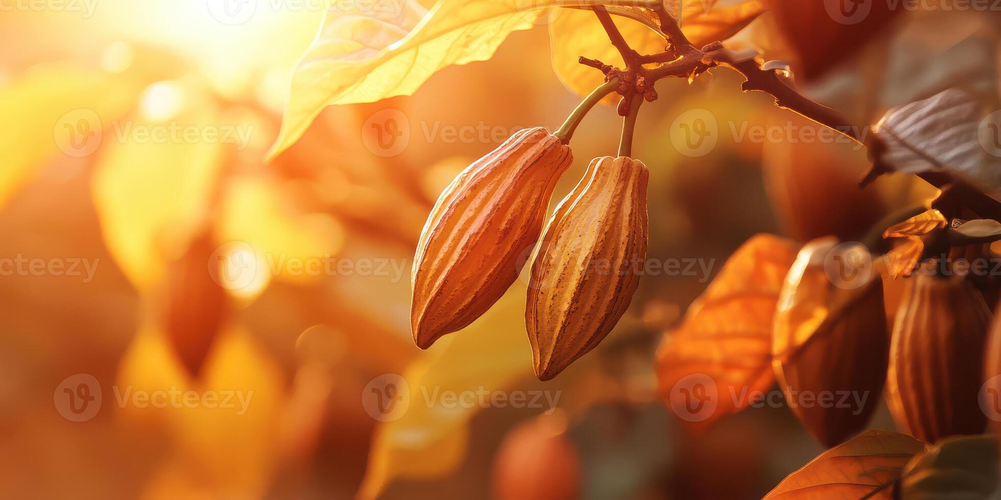 Cocoa beans on a tree with the sun shining photo