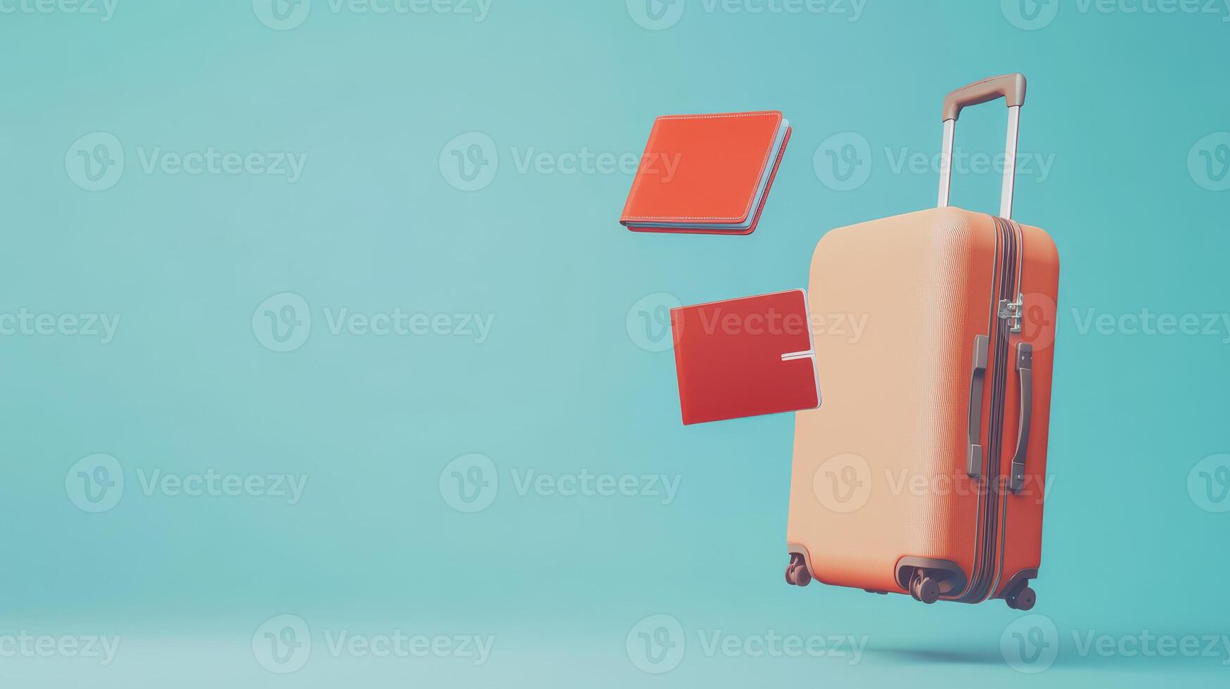 An orange suitcase with a book and a red book photo