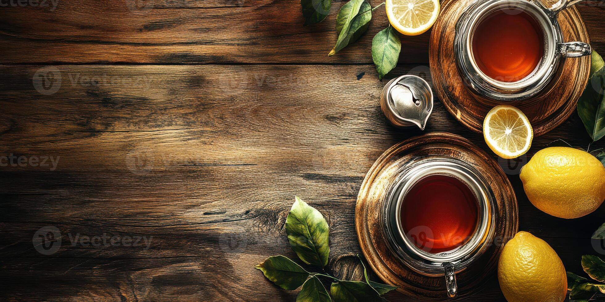 Tea and lemon on wooden table with leaves photo