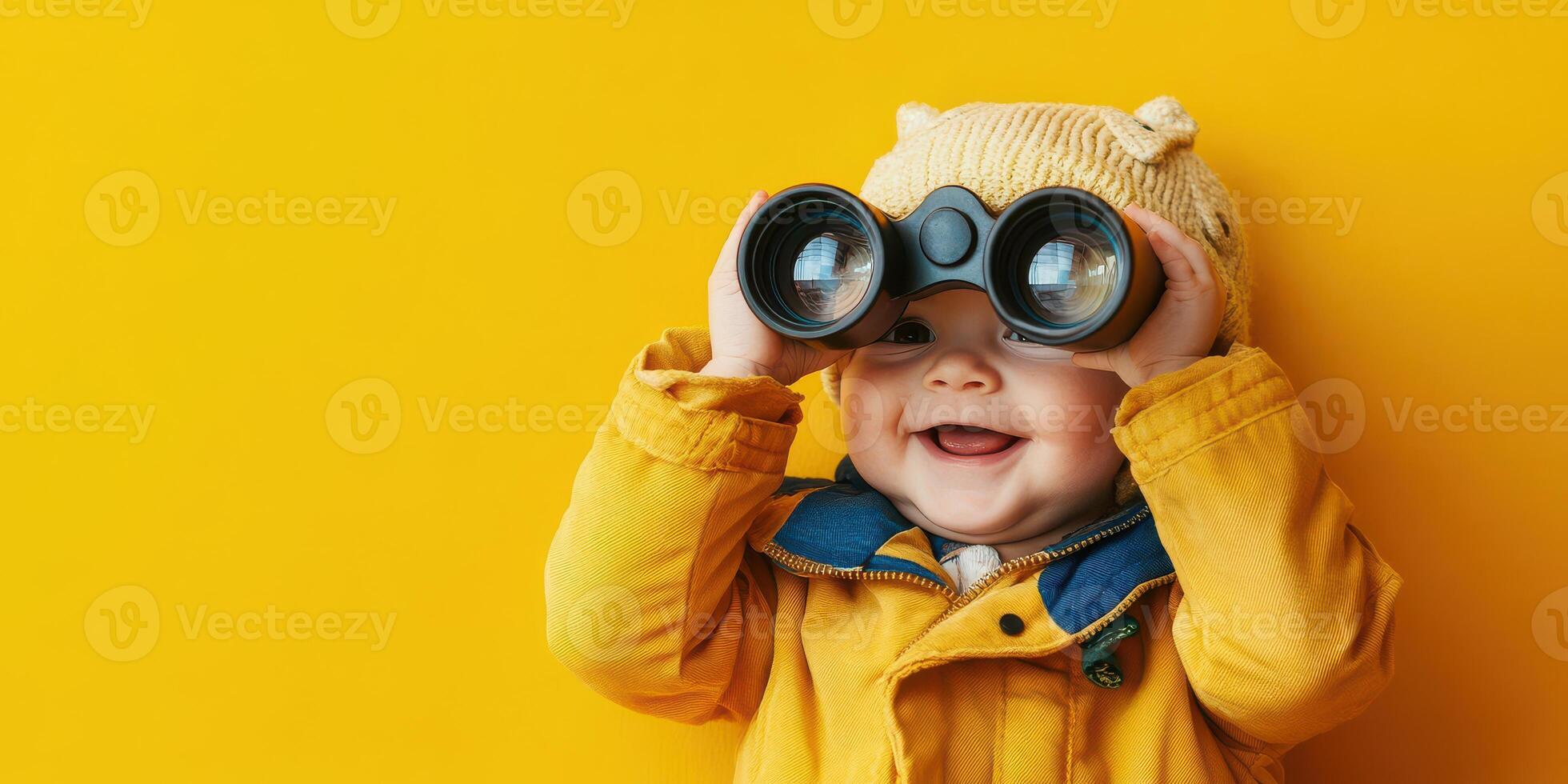 A child in yellow jacket looking through binoculars photo