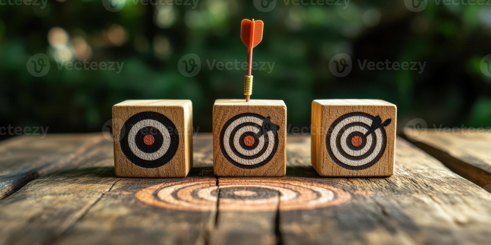 Three wooden blocks with arrows and a target on top photo
