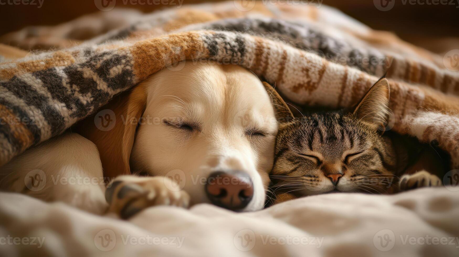 A dog and cat sleeping under blankets photo