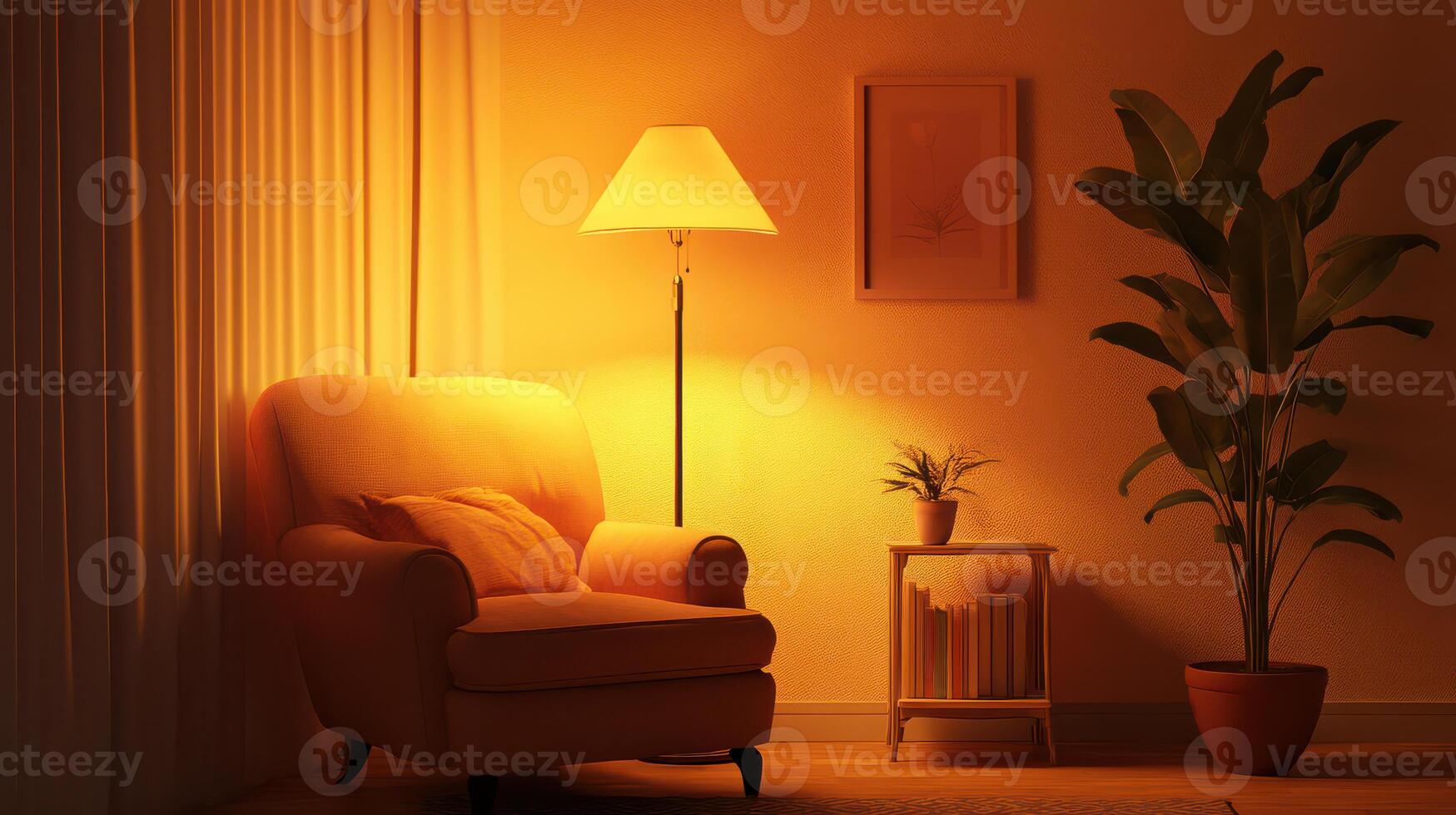 A chair and lamp in a room photo