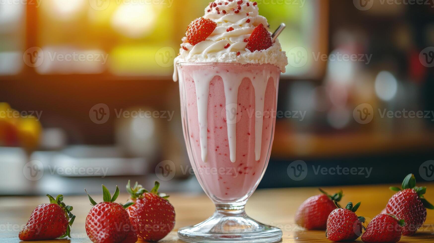 A strawberry milkshake with whipped cream and strawberries photo