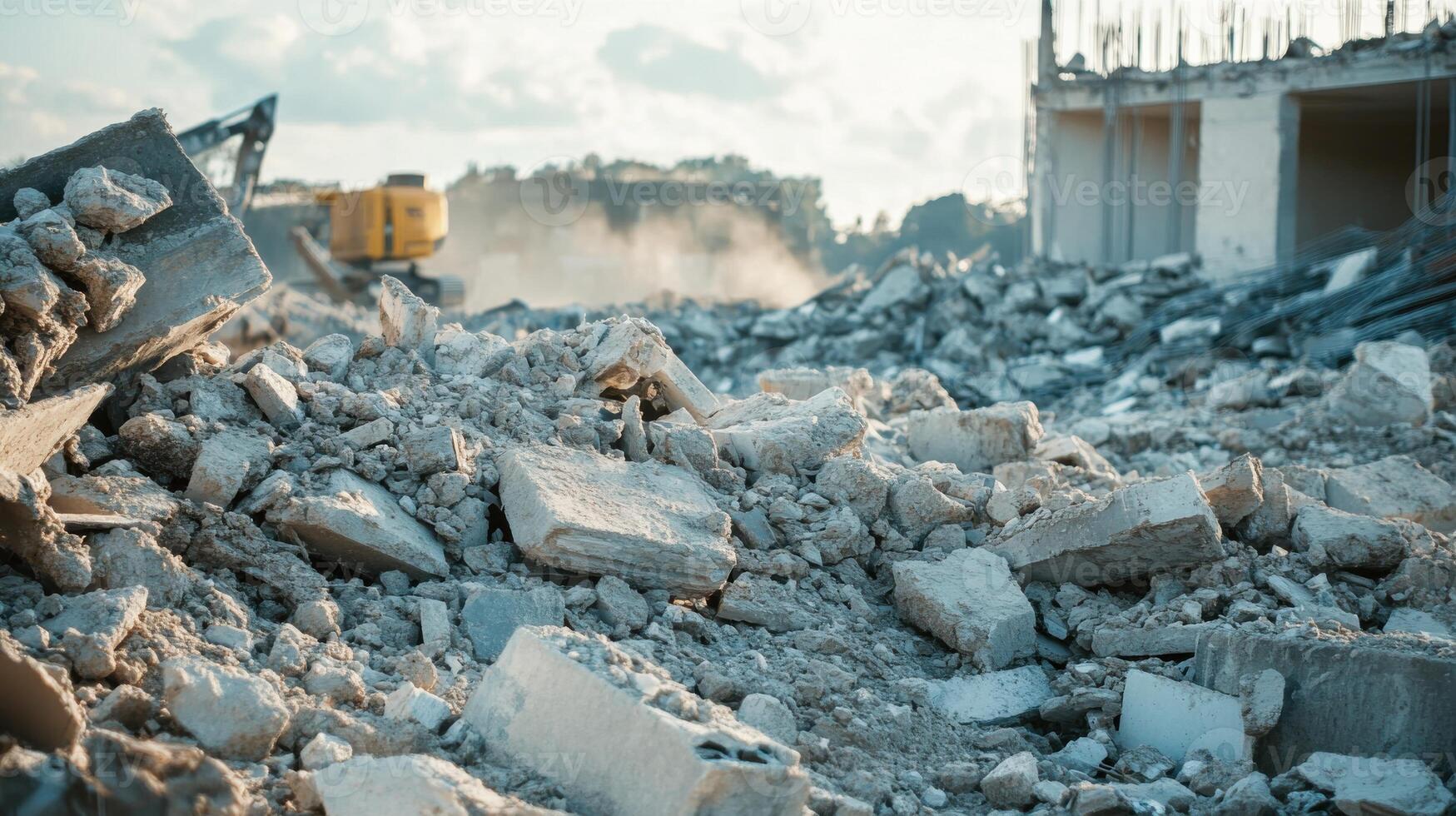 A pile of rubble and rubble in front of a building photo
