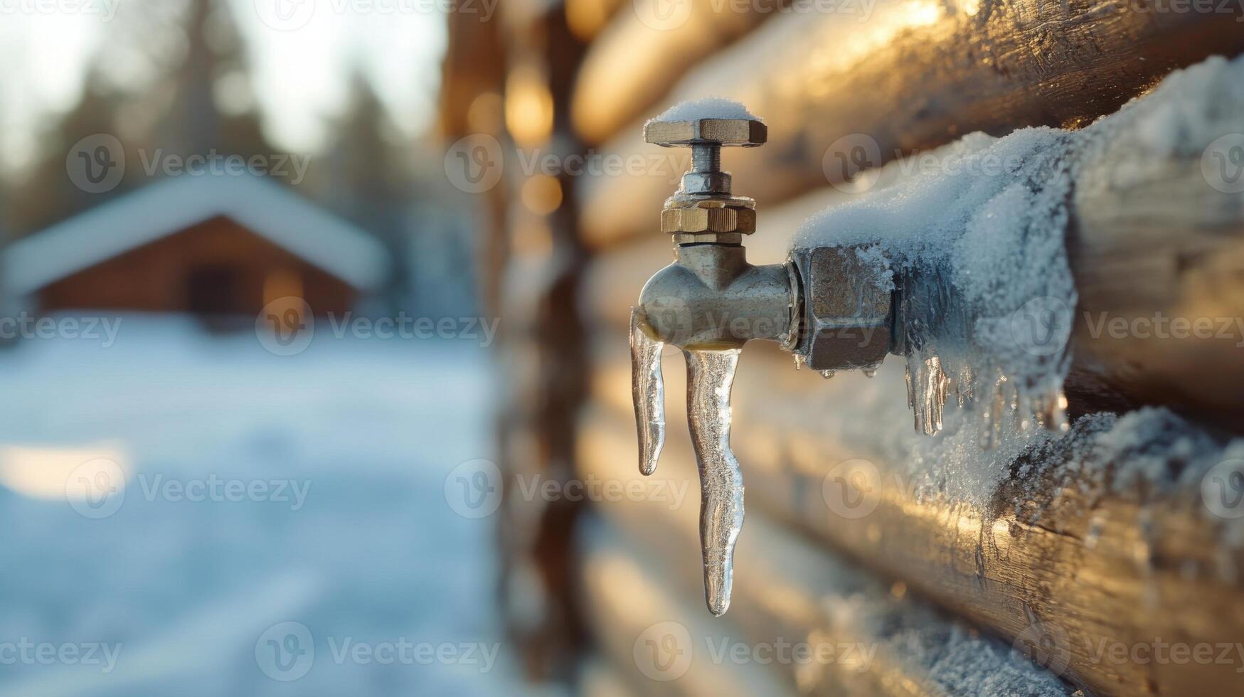 A water faucet is attached to a wooden wall photo