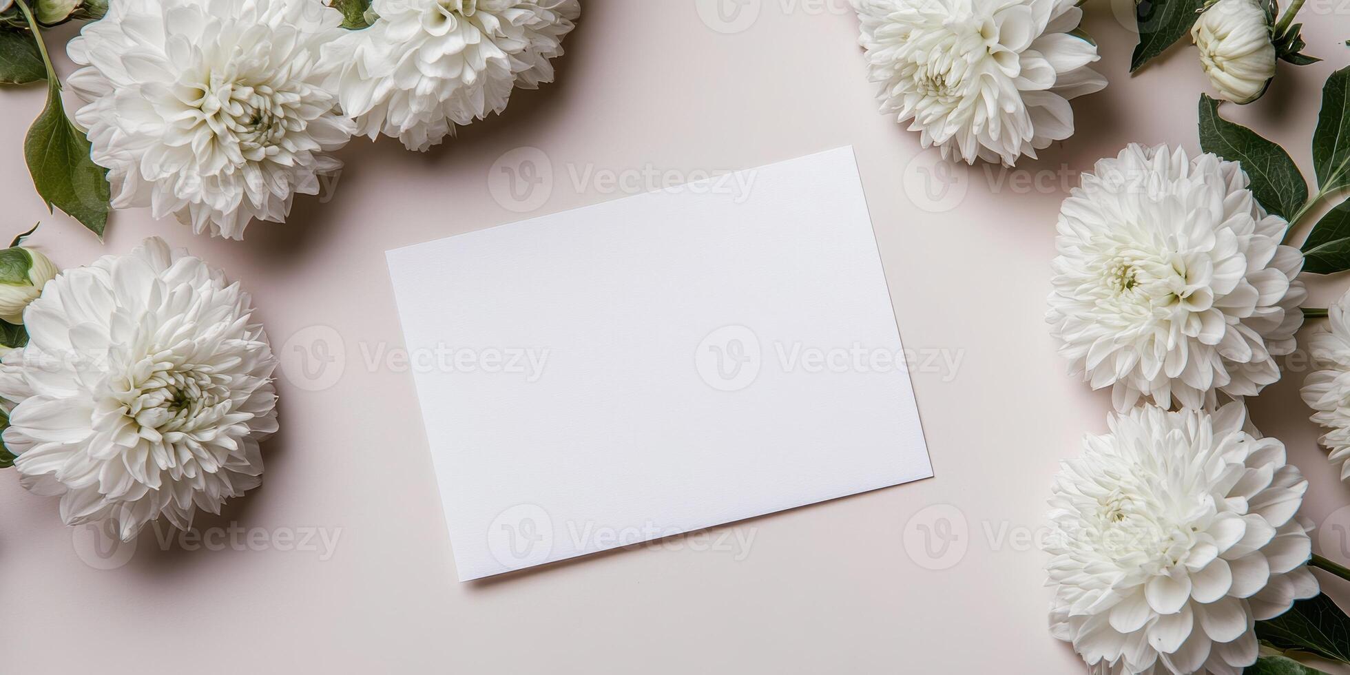 White flowers and blank card on pink background photo