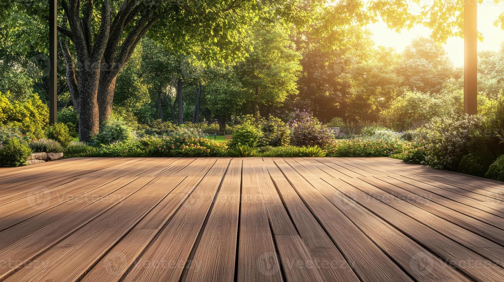 A wooden deck in the middle of a garden photo