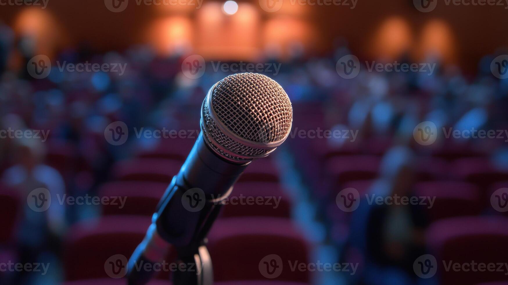 Microphone in front of a large audience in an auditorium photo