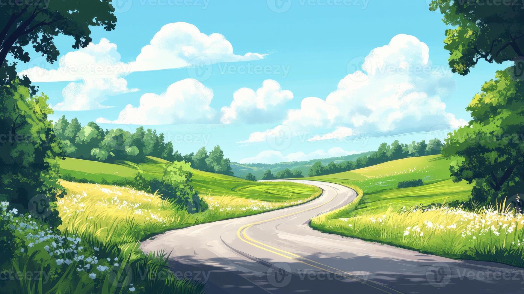 An animated road in the countryside with trees and flowers photo