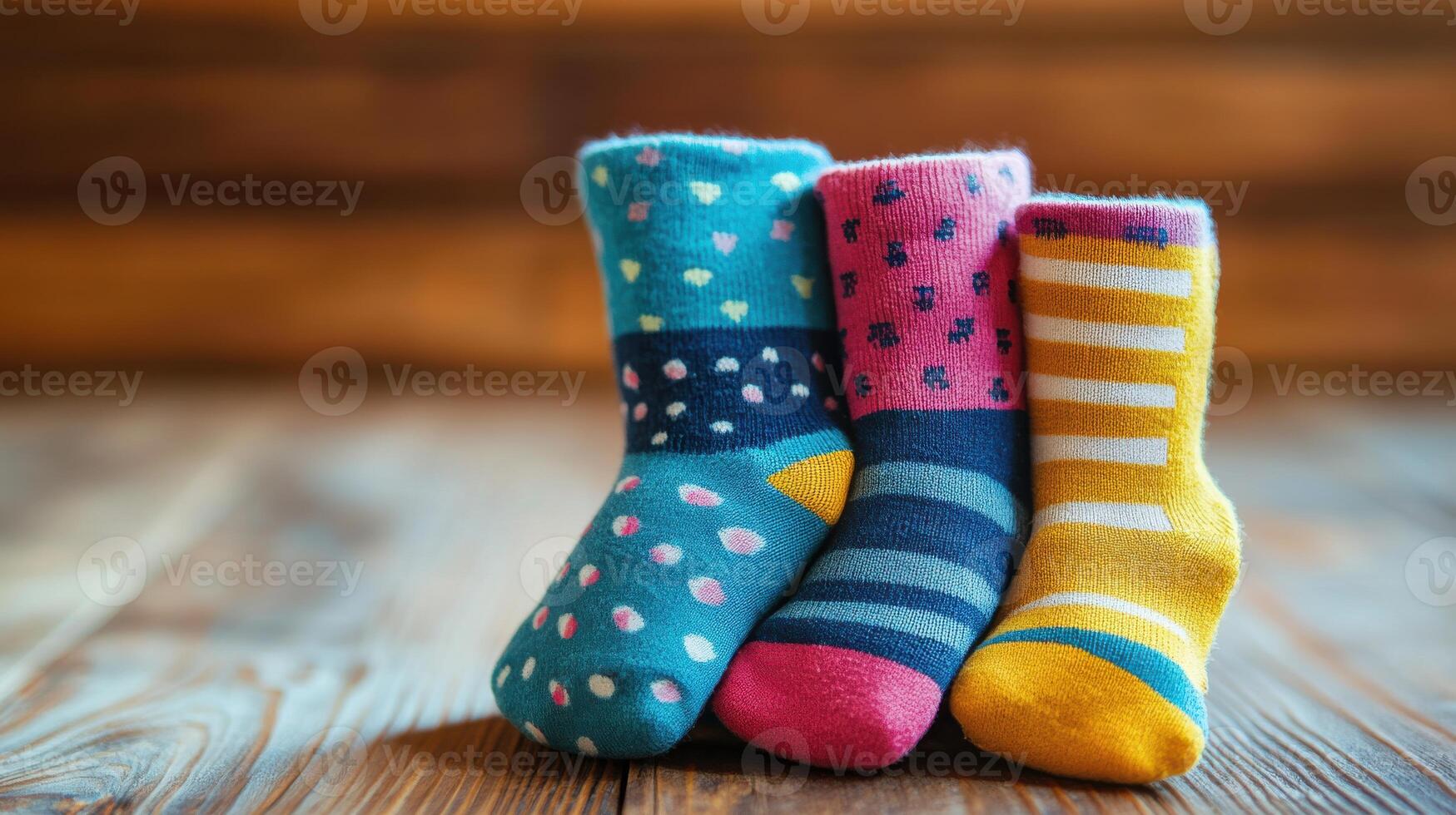 Three pairs of colorful socks on a wooden table photo