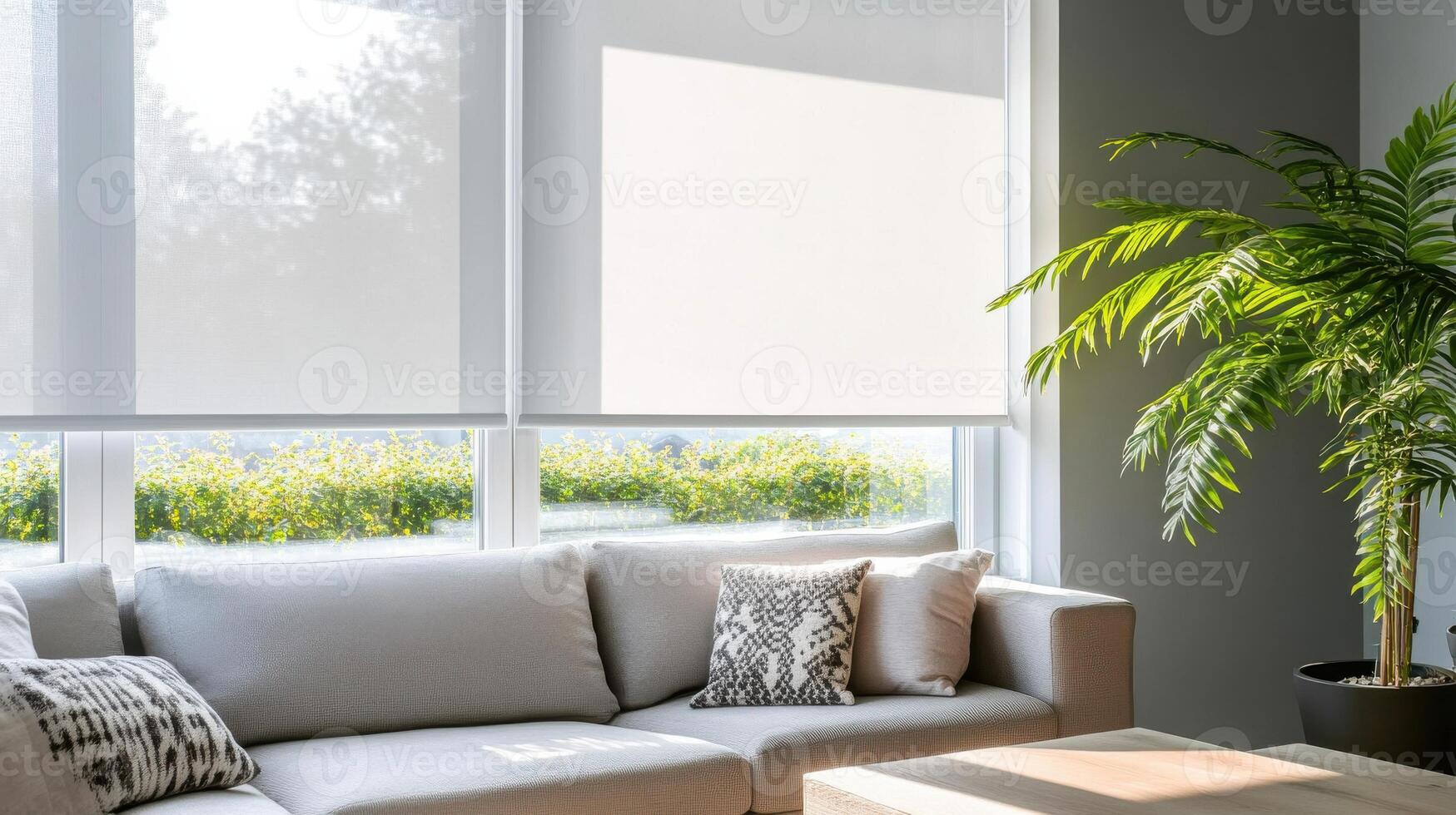 A living room with a couch, coffee table and window photo