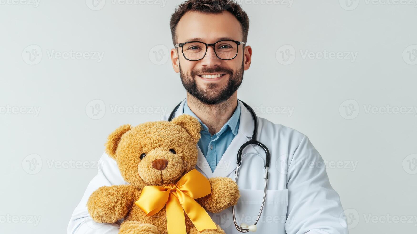 A male doctor holding a teddy bear photo