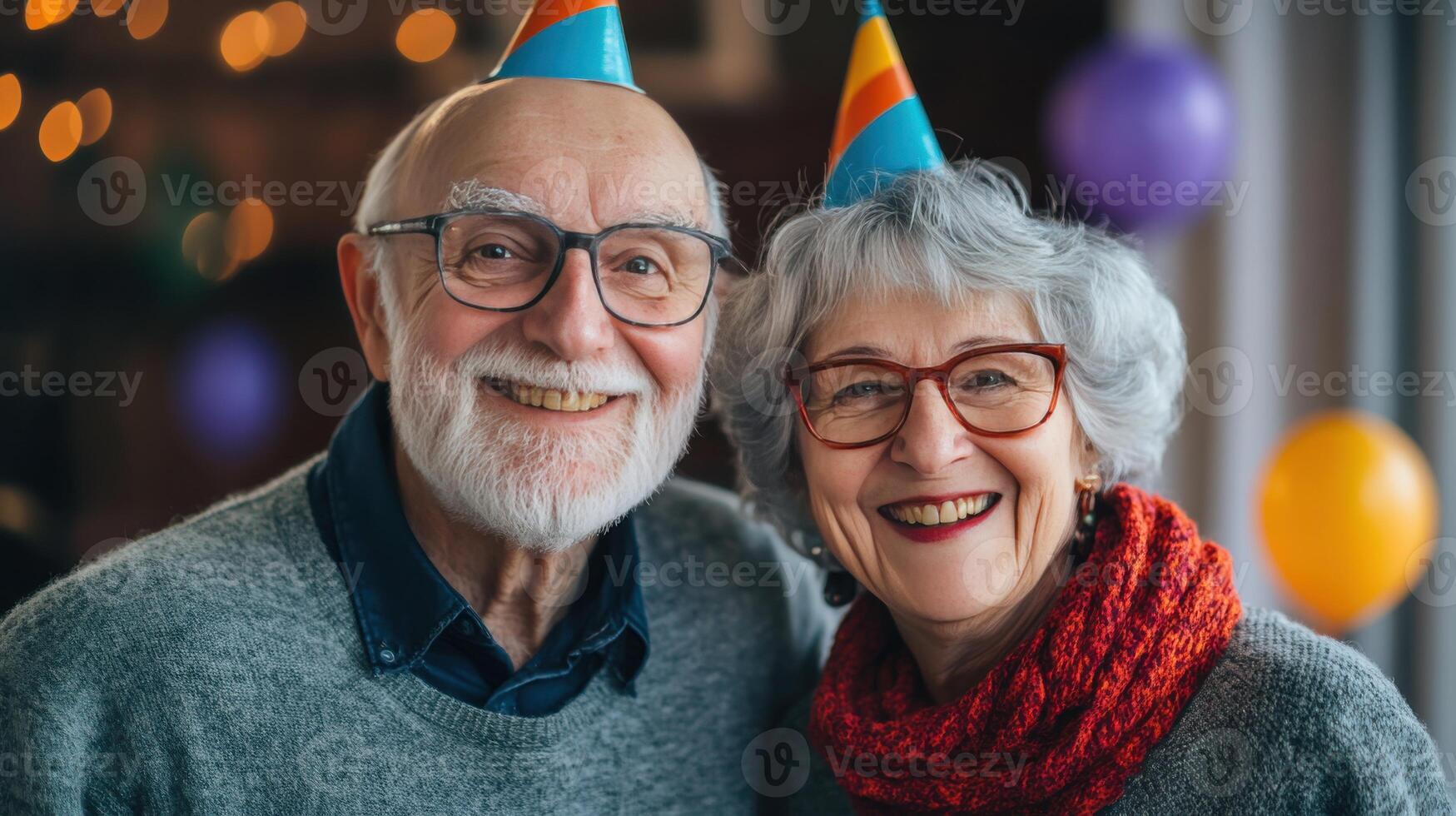 An older couple with party hats on photo