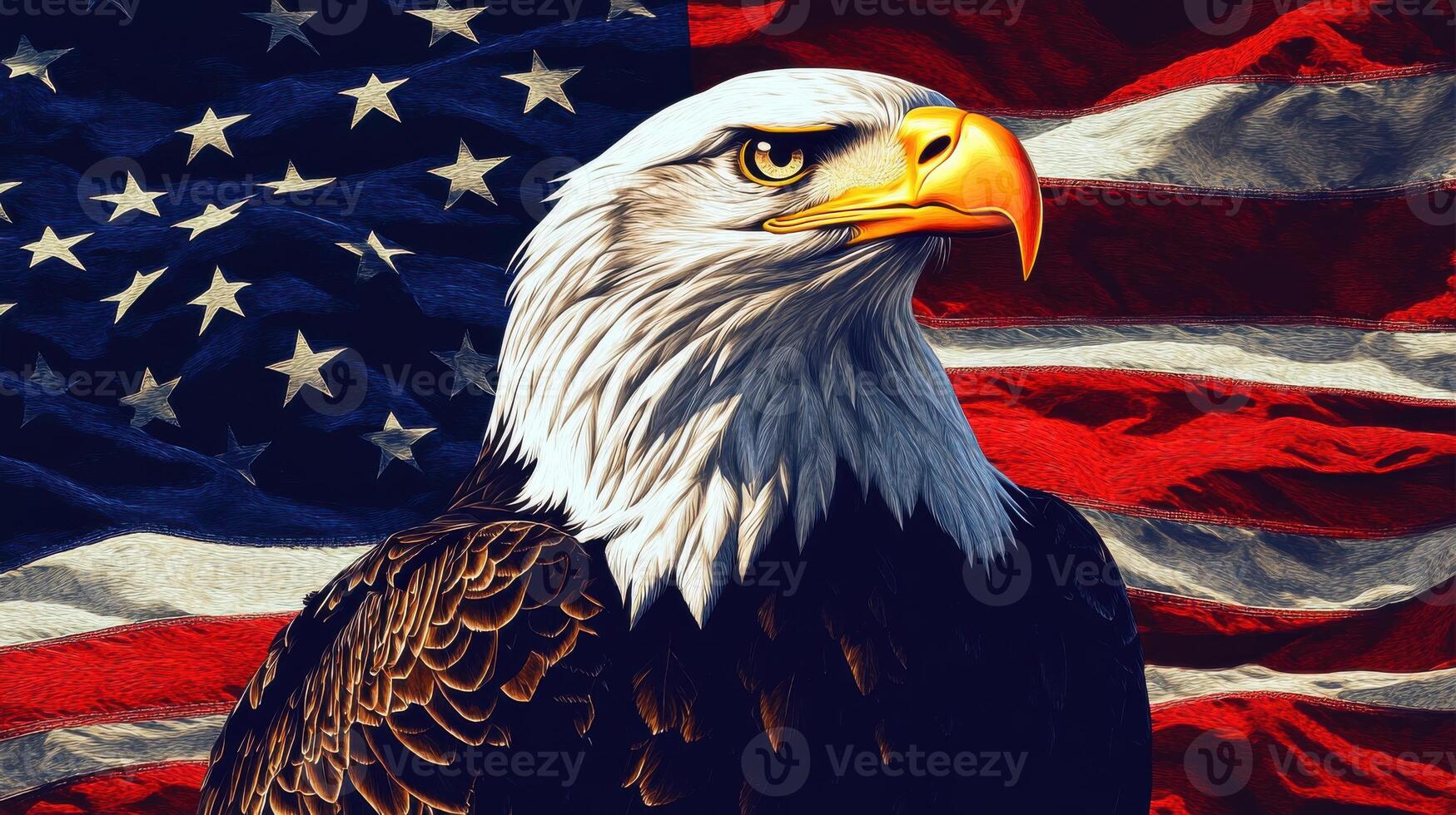 An eagle is standing in front of an american flag photo