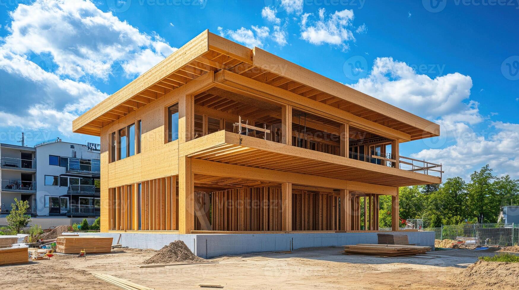 A house under construction with wooden beams photo