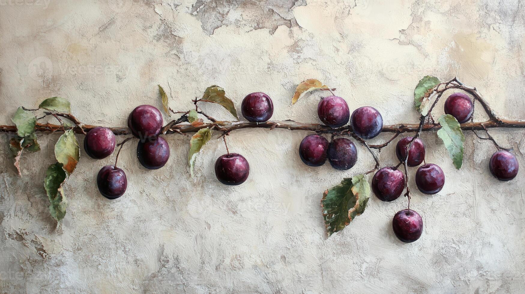 A painting of plums on a branch photo