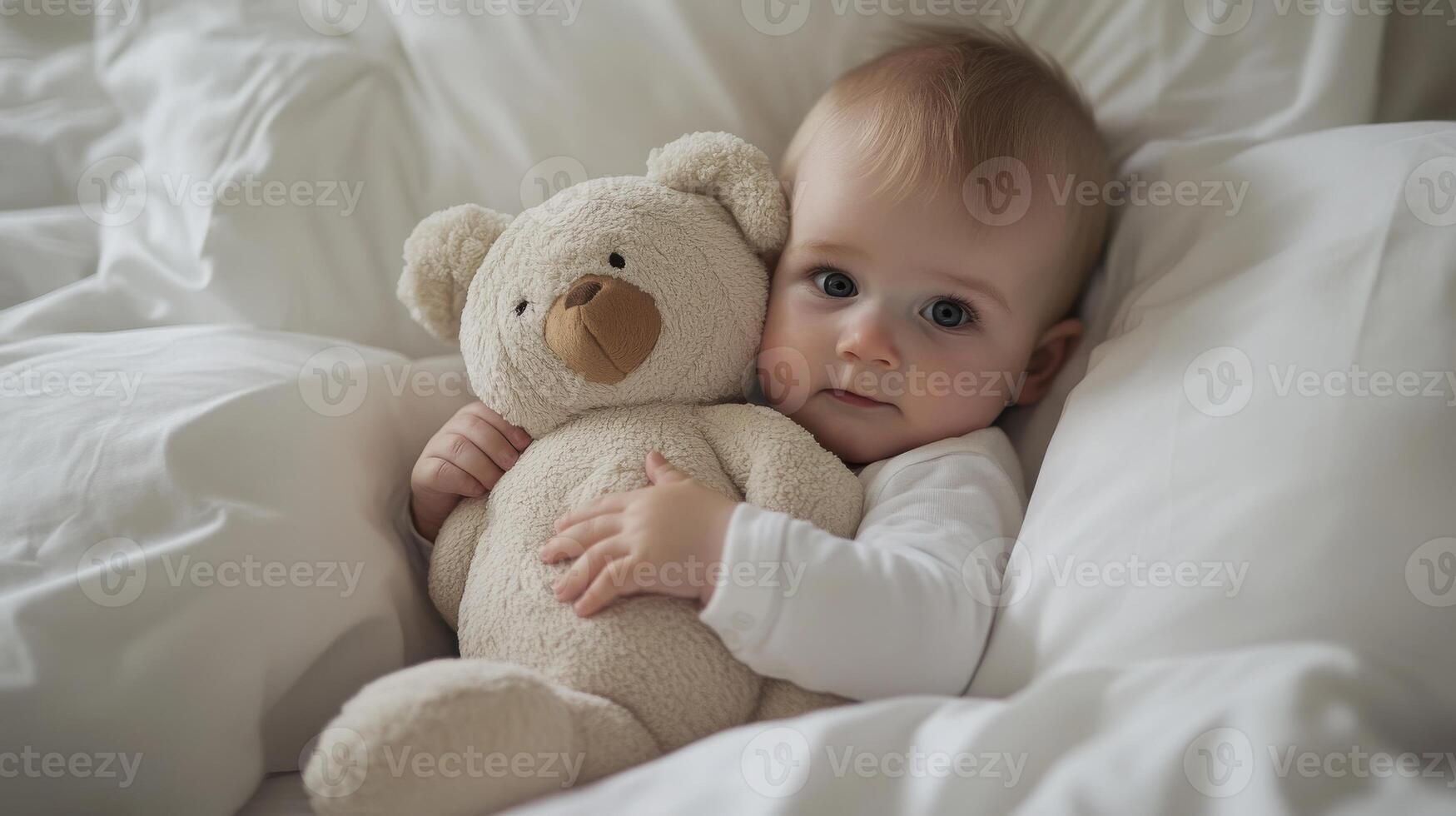 A baby is holding a teddy bear in a bed photo