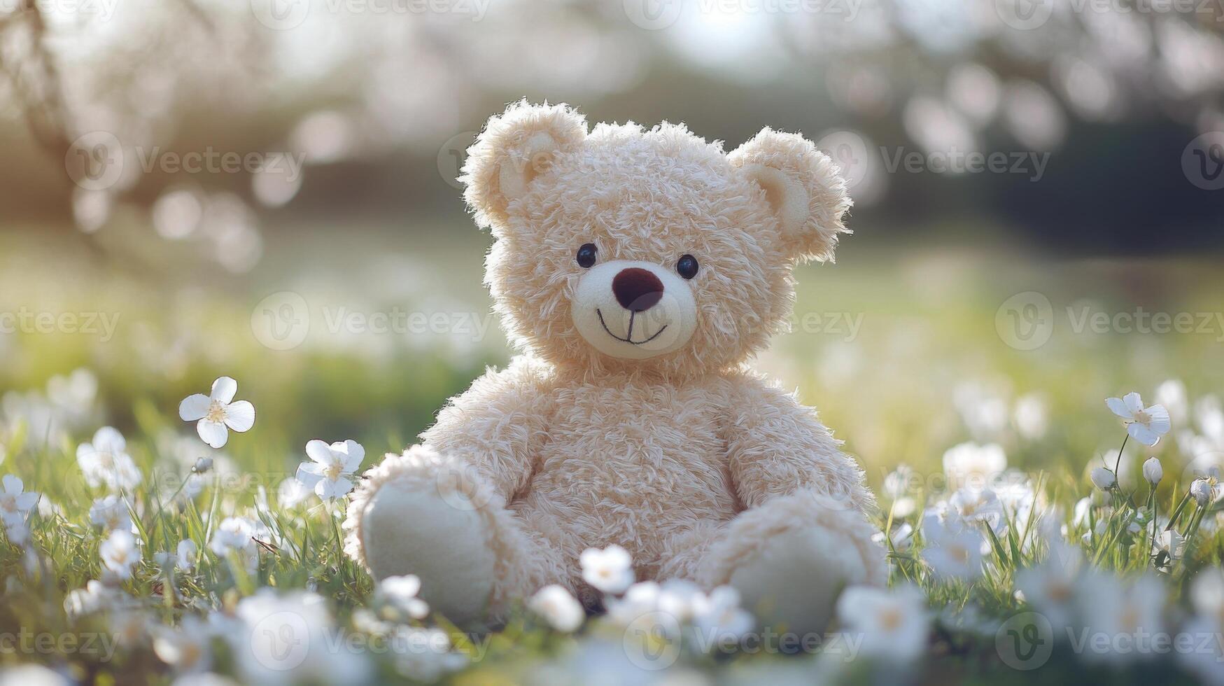 A teddy bear sitting in a field of flowers photo