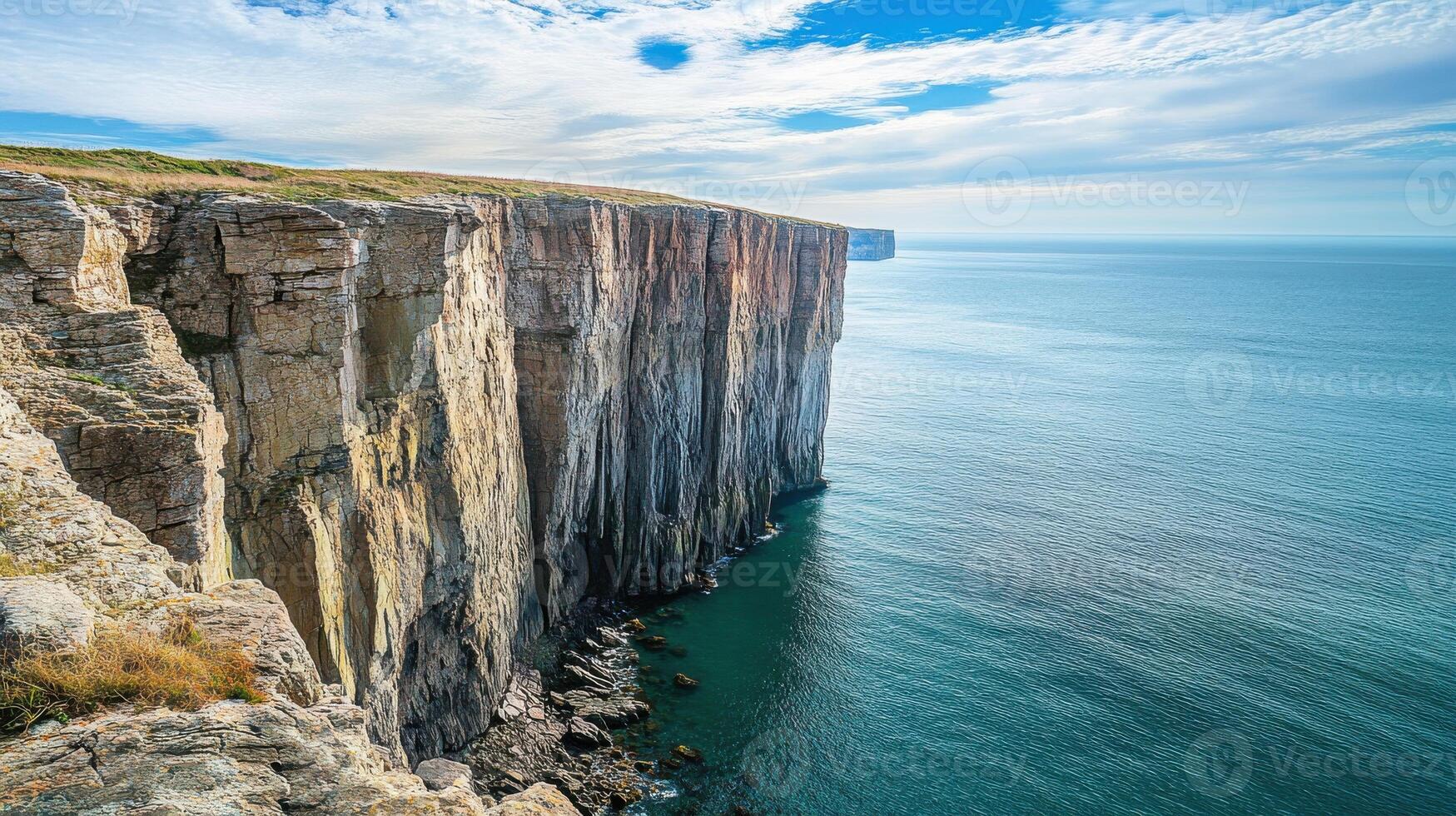 A cliff with a blue sky and water photo