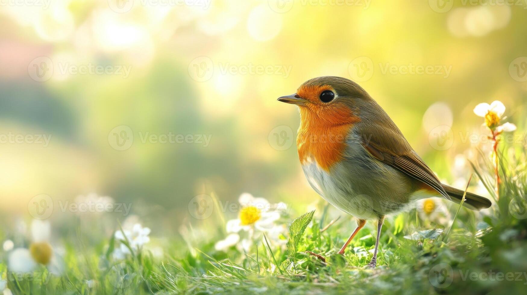 A small bird is standing on the grass with daisies photo