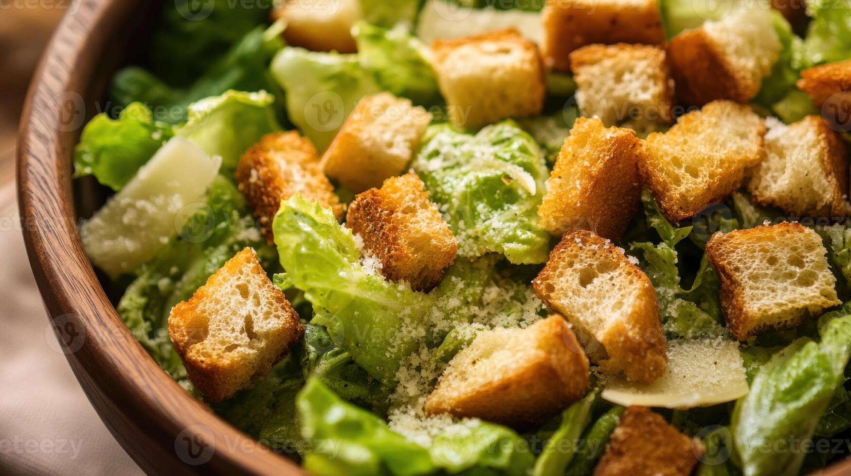 Caesar salad with croutons in a bowl photo