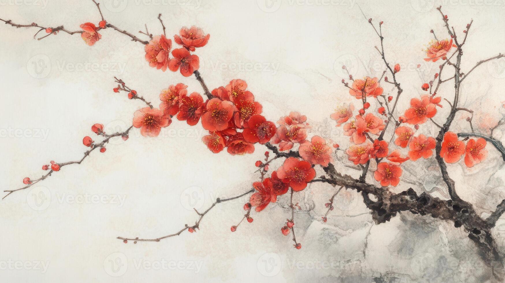 A painting of red flowers on a branch photo