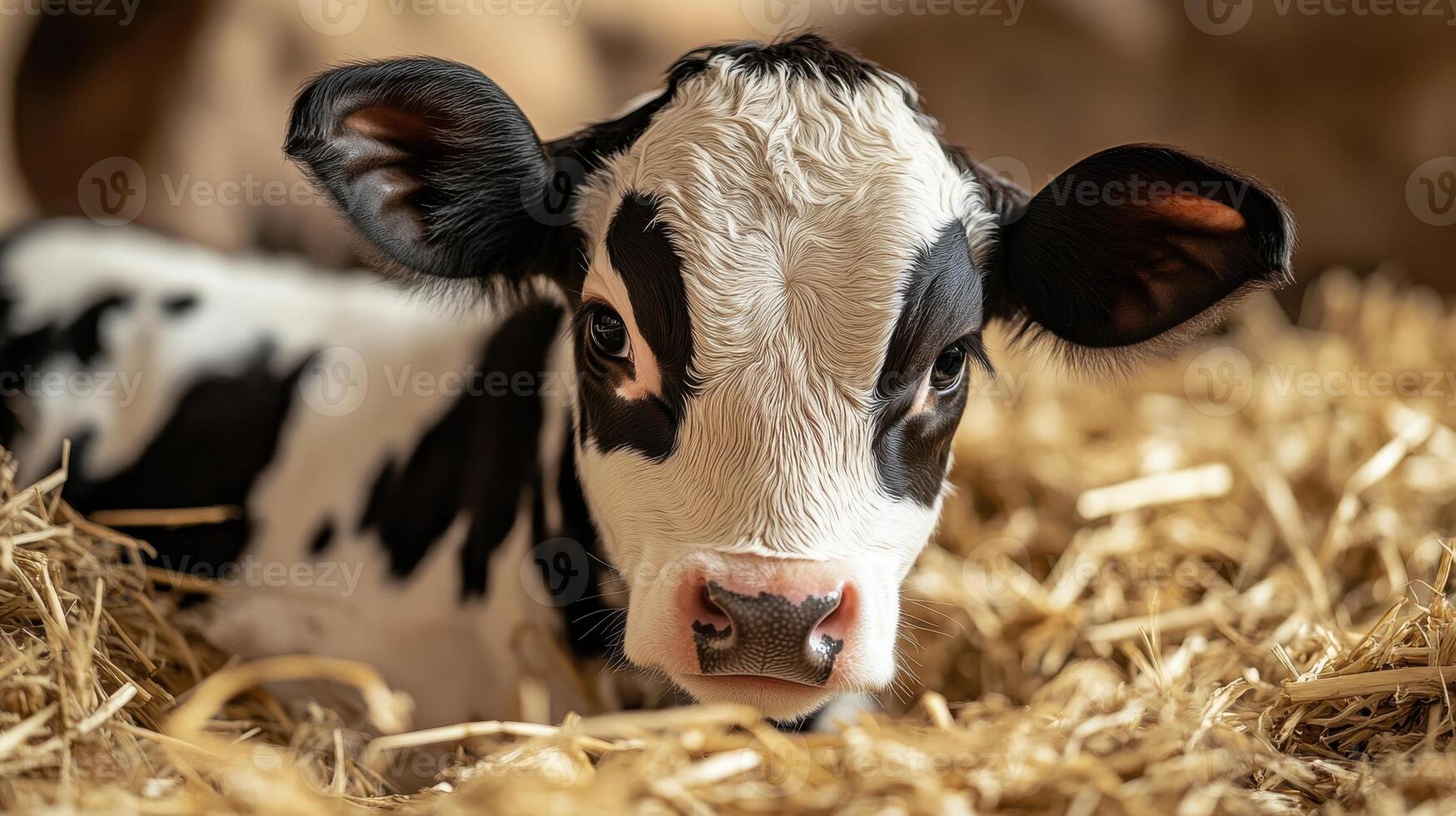 A black and white cow laying in straw photo