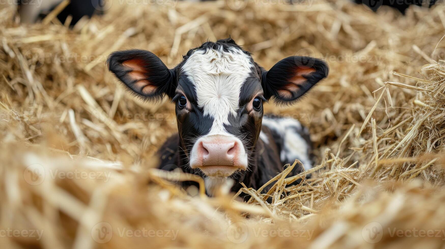 A baby cow is sitting in a pile of hay photo