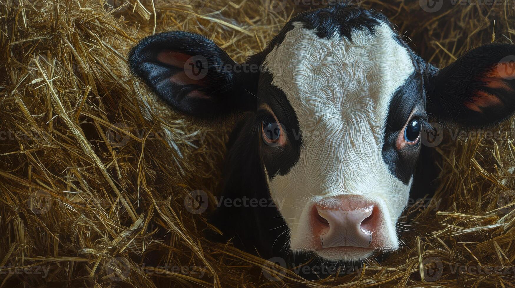 A cow is looking at the camera in a hay pile photo