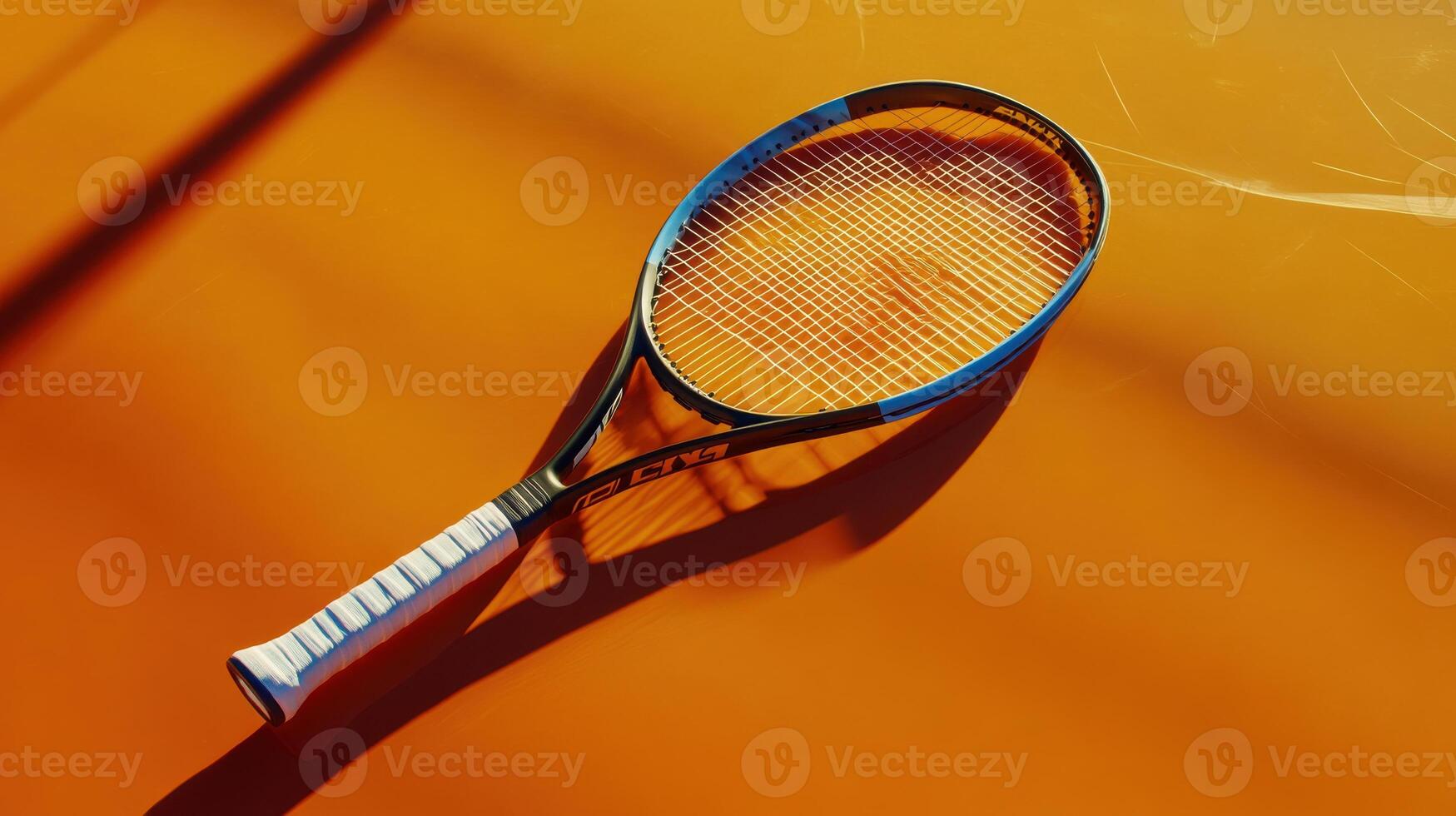 A tennis racket on a bright orange surface photo