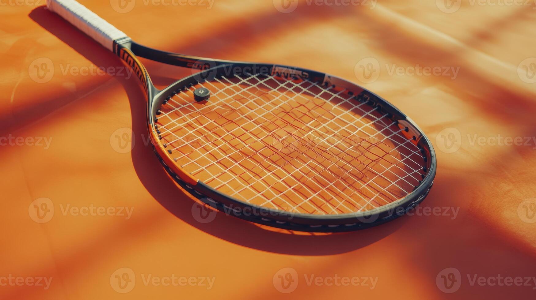 A tennis racket laying on top of an orange surface photo