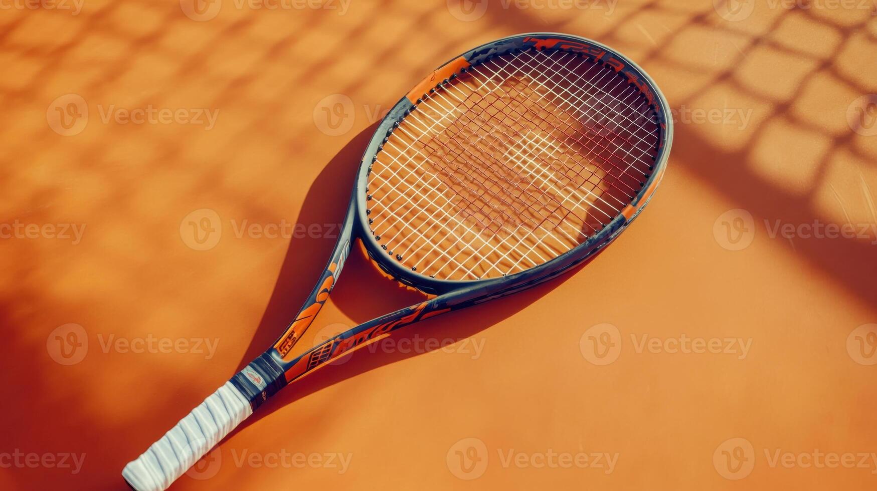 A tennis racket laying on an orange surface photo