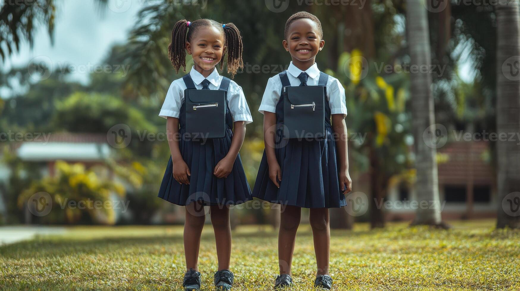 Two young girls in school uniforms standing in the grass photo