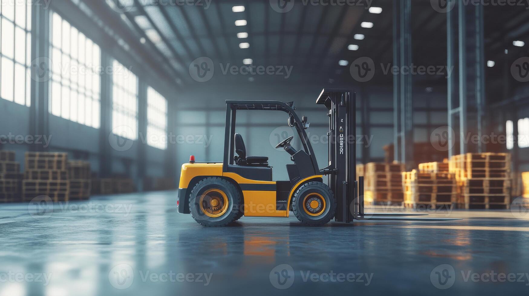 A forklift truck in a warehouse with boxes photo