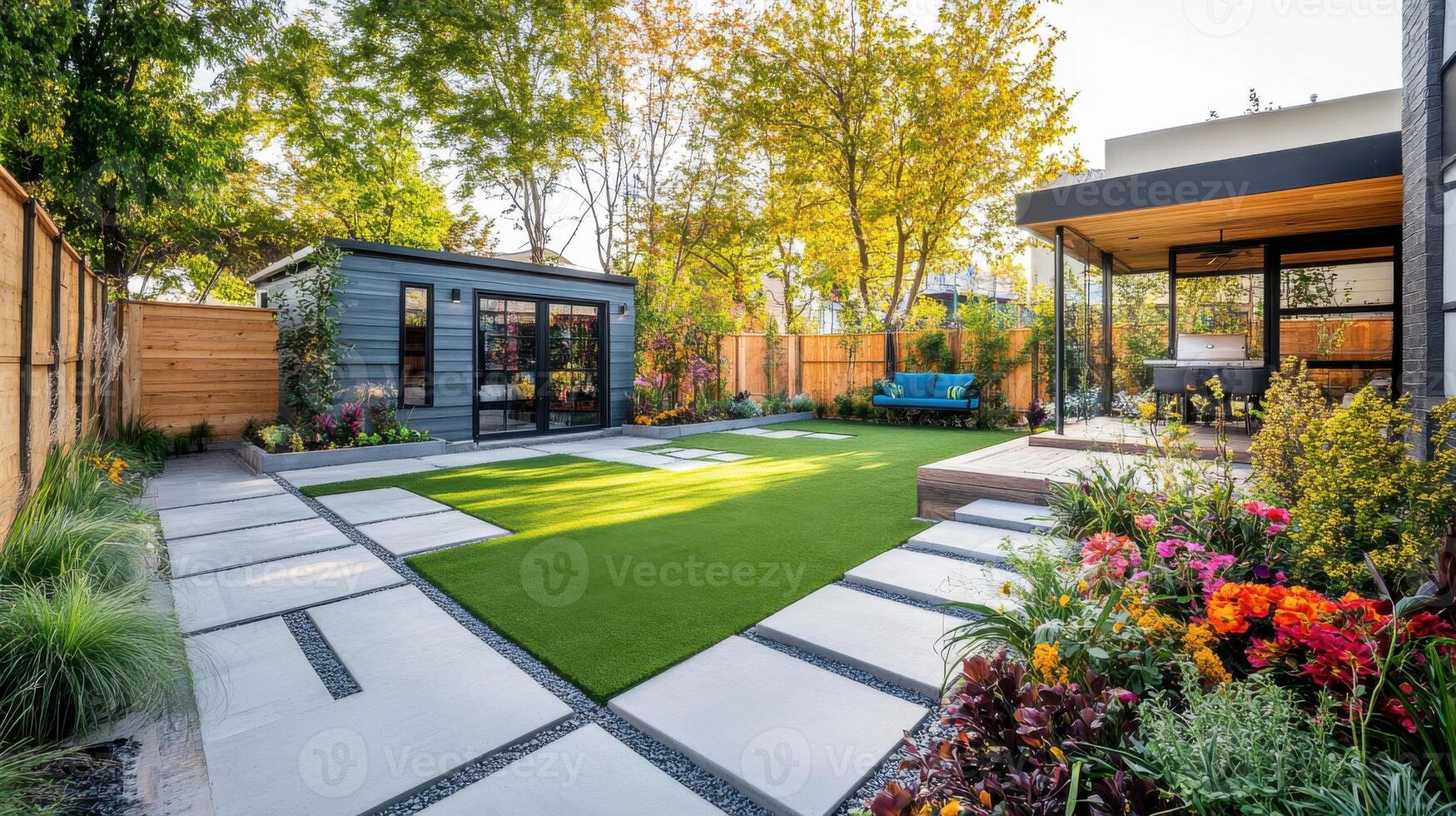 A backyard with a grass lawn and a small shed photo
