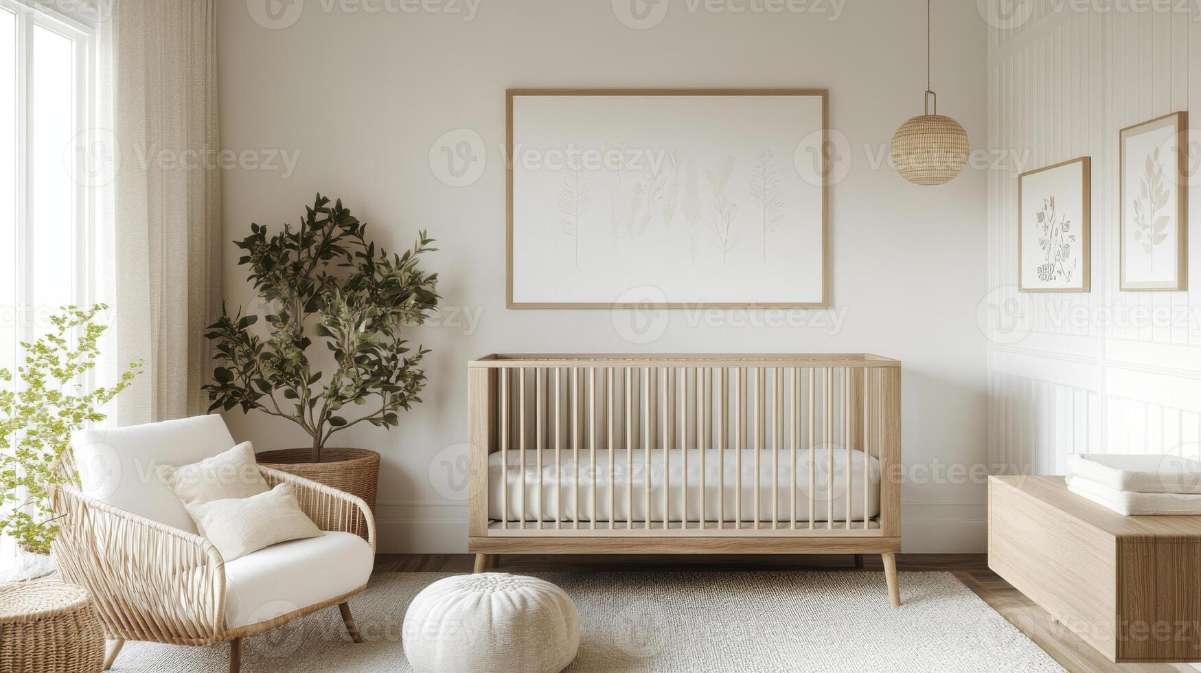 A baby's room with a wooden crib, white walls and a rug photo