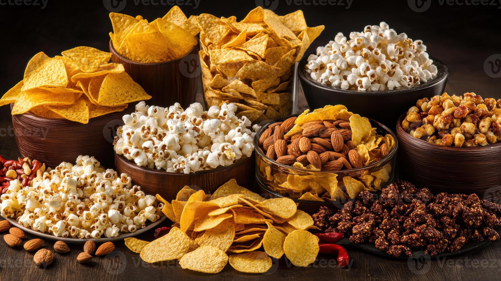 A variety of snacks and snacks are arranged in bowls photo