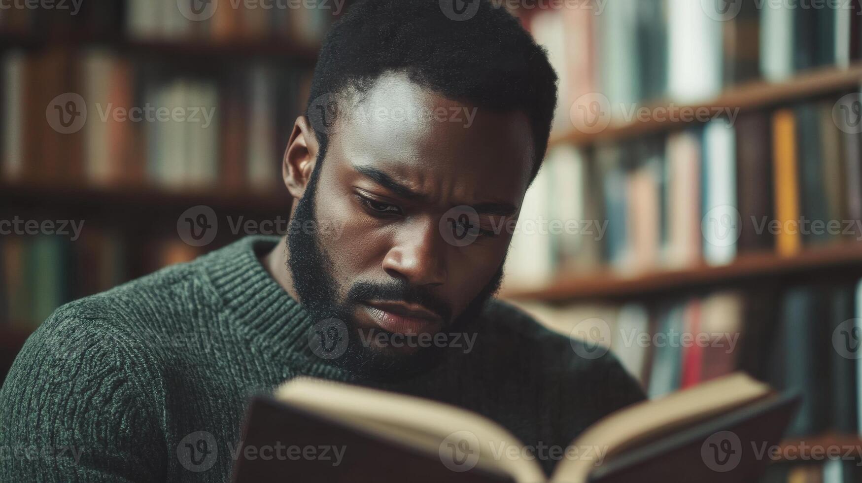 A man is reading a book in a library photo